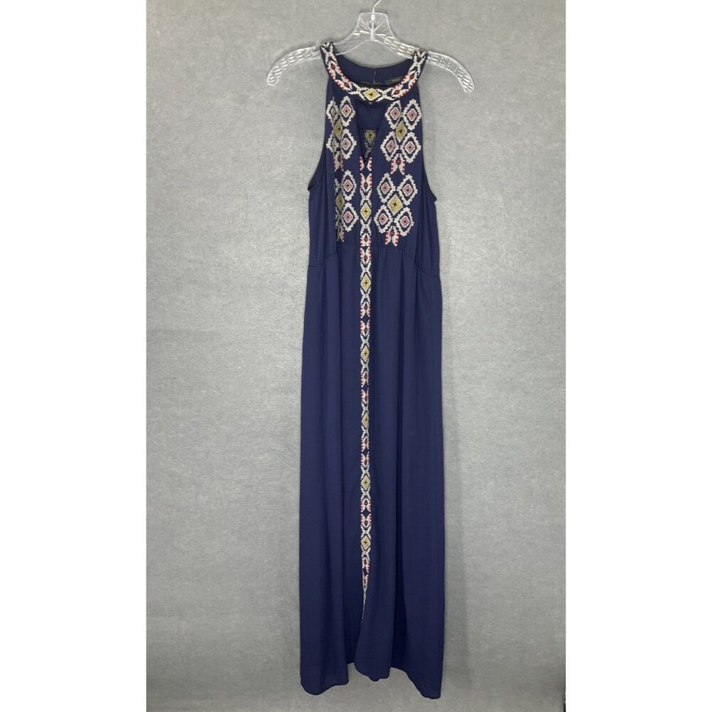 THML Dress Women Sz Blue Geometric Embroidered Detail Halter Neckline Zip Maxi